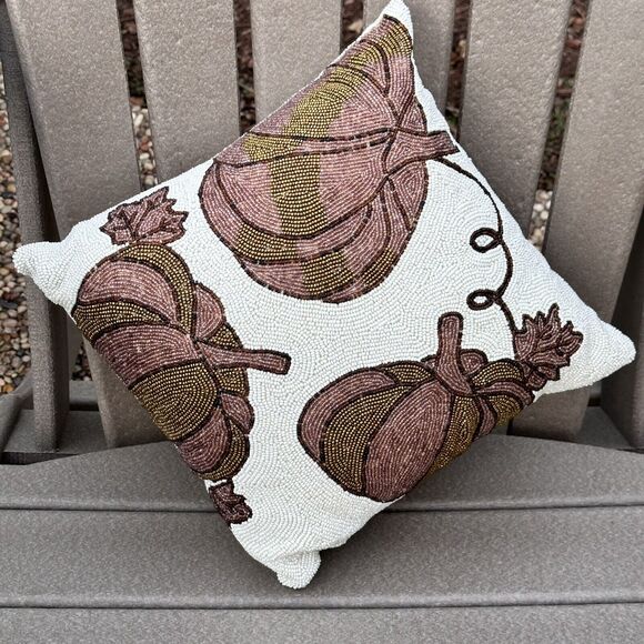 Pumpkin Patch Beaded Gold Pumpkin Throw Pillow Fall Thanksgiving Decor 12" x 12" - Picture 2 of 9